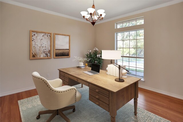 home office with an inviting chandelier, baseboards, crown molding, and wood finished floors