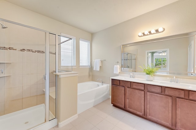 bathroom featuring tile patterned flooring, vanity, and independent shower and bath