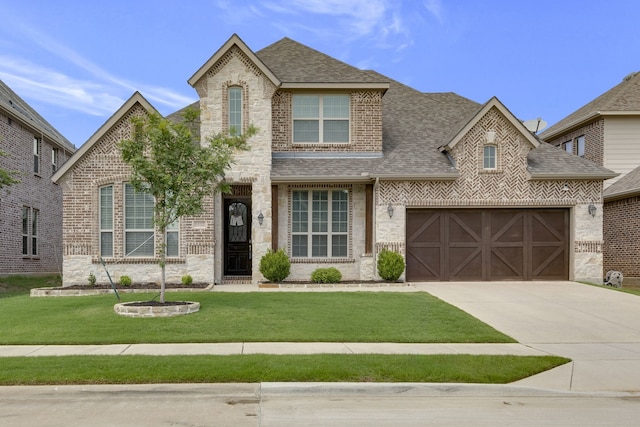 view of front of property featuring a garage and a front lawn