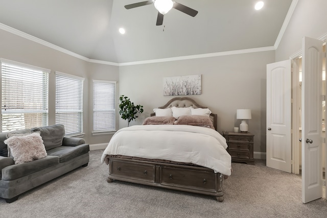 carpeted bedroom featuring ceiling fan, crown molding, and lofted ceiling