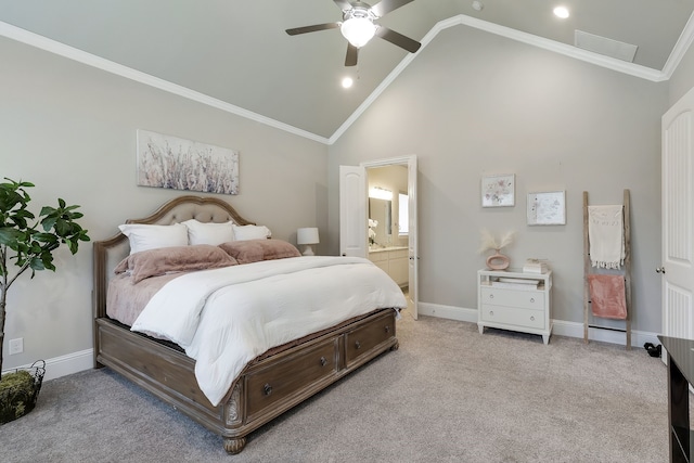 bedroom featuring high vaulted ceiling, ceiling fan, ornamental molding, connected bathroom, and light colored carpet