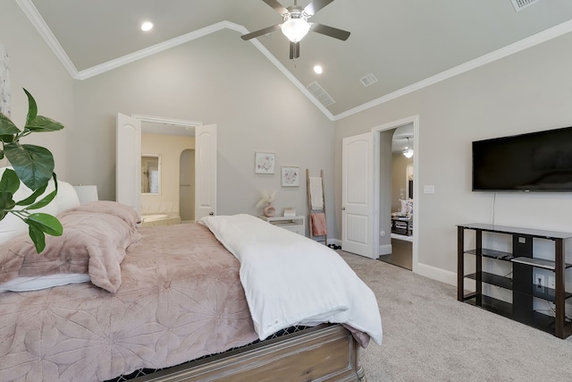 bedroom featuring carpet flooring, connected bathroom, ceiling fan, high vaulted ceiling, and crown molding