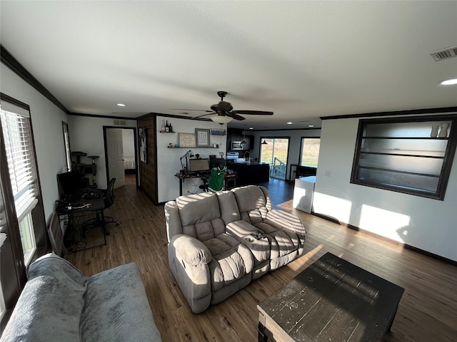 living room with ceiling fan, dark hardwood / wood-style flooring, and crown molding