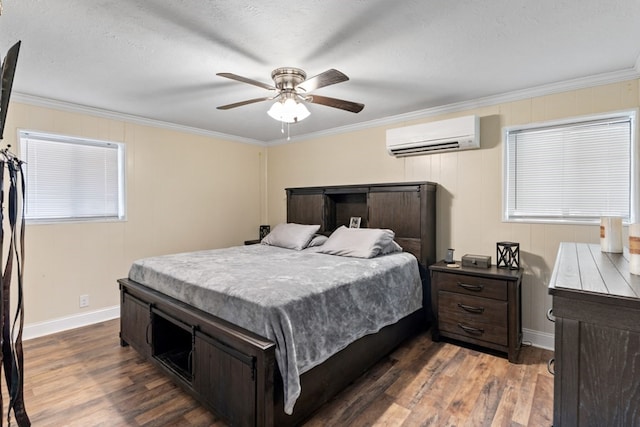 bedroom featuring crown molding, ceiling fan, a textured ceiling, dark hardwood / wood-style flooring, and a wall unit AC