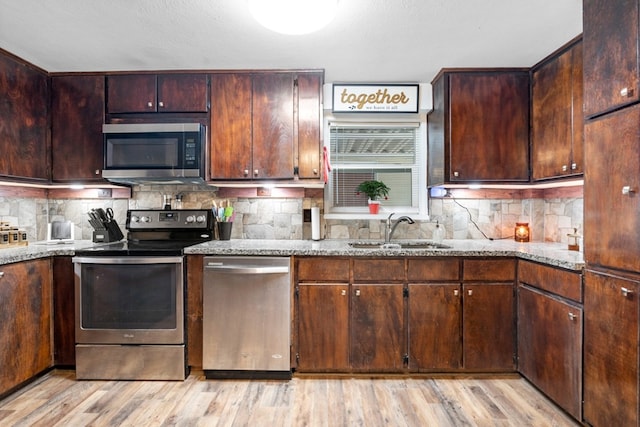 kitchen with backsplash, sink, stainless steel appliances, and light wood-type flooring