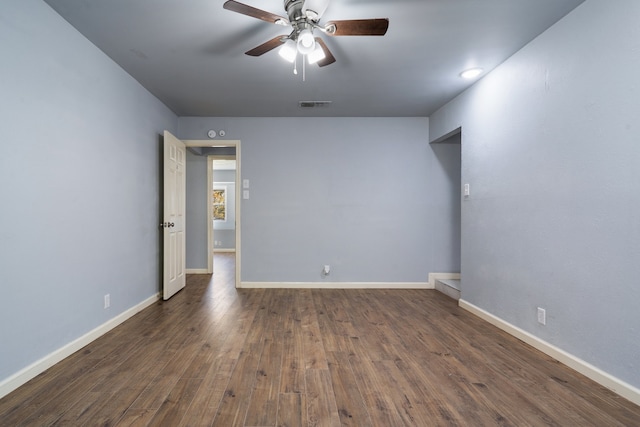 empty room featuring ceiling fan and dark wood-type flooring