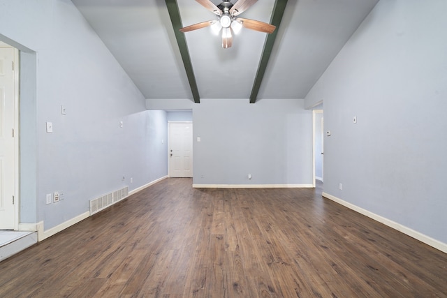 unfurnished living room featuring lofted ceiling with beams, ceiling fan, and dark wood-type flooring