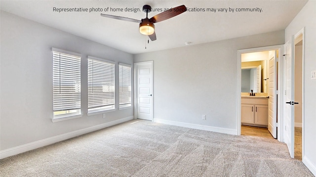 unfurnished bedroom with light carpet, ensuite bath, and ceiling fan