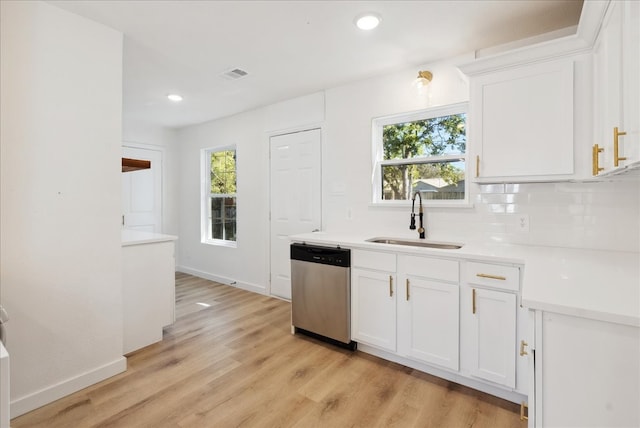 kitchen with white cabinets, sink, light hardwood / wood-style flooring, stainless steel dishwasher, and tasteful backsplash