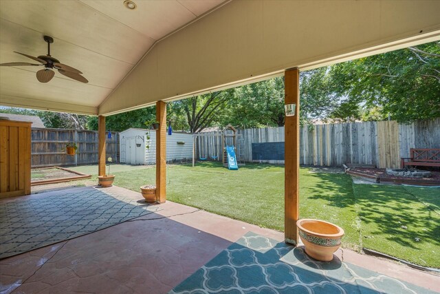 view of patio / terrace featuring ceiling fan and a storage unit