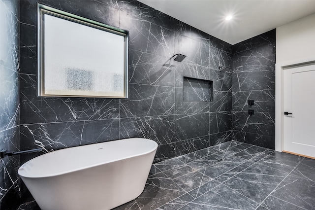 bathroom featuring independent shower and bath and tile walls