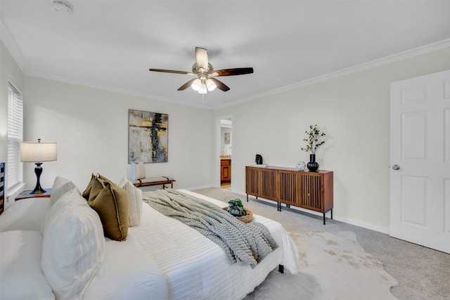 carpeted bedroom with connected bathroom, ceiling fan, and crown molding