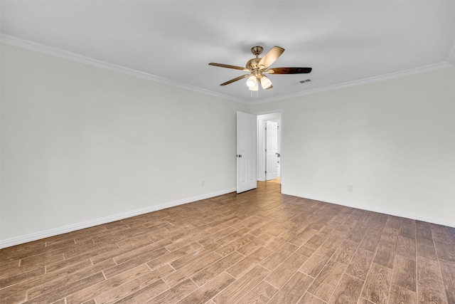 unfurnished room featuring light hardwood / wood-style flooring, ceiling fan, and ornamental molding