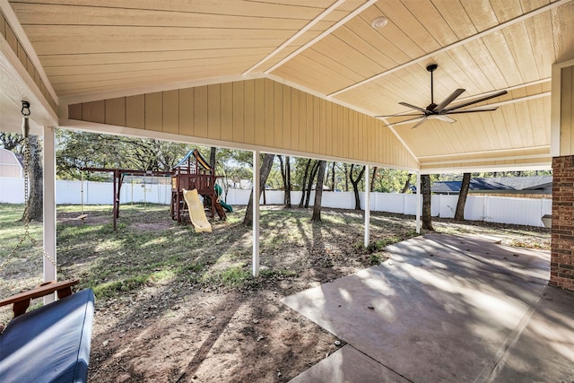 view of patio featuring ceiling fan and a playground