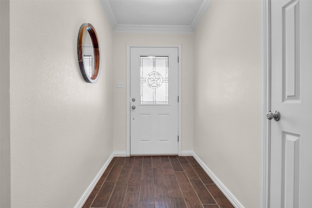 entryway with crown molding and dark wood-type flooring