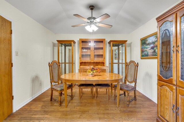 dining area with ceiling fan and light wood-type flooring