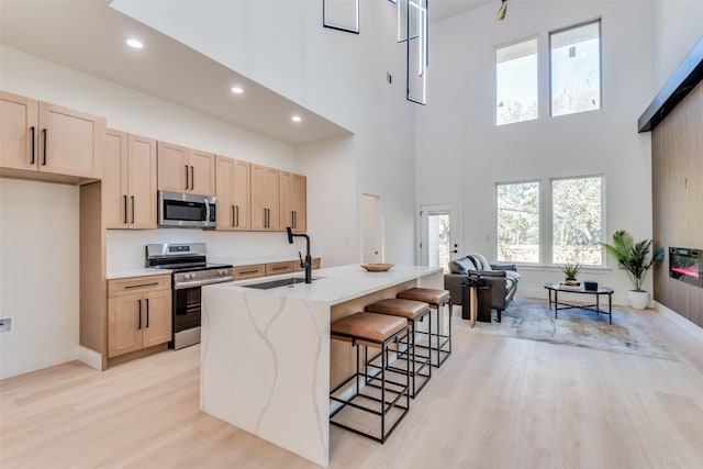 kitchen with stainless steel appliances, sink, light brown cabinets, and a kitchen island with sink