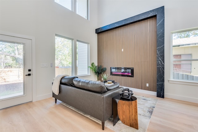 living room featuring light hardwood / wood-style floors and a high ceiling