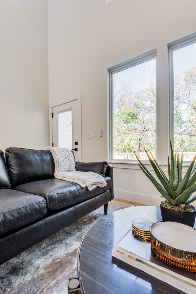 living room with a towering ceiling