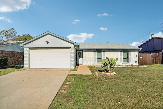 ranch-style house featuring an attached garage, a front lawn, concrete driveway, and brick siding