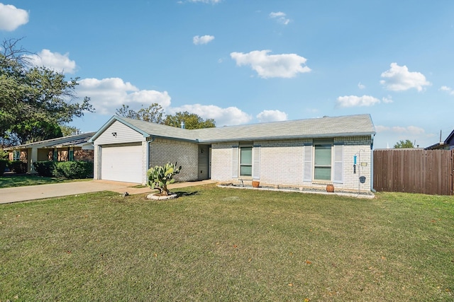 ranch-style house featuring a garage, a front yard, brick siding, and fence