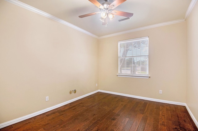 unfurnished room featuring ceiling fan, dark hardwood / wood-style floors, and ornamental molding