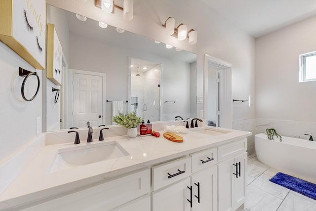 bathroom featuring vanity and plus walk in shower