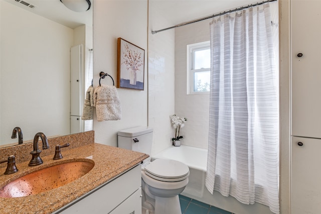 full bathroom with vanity, tile patterned flooring, shower / bathtub combination with curtain, and toilet