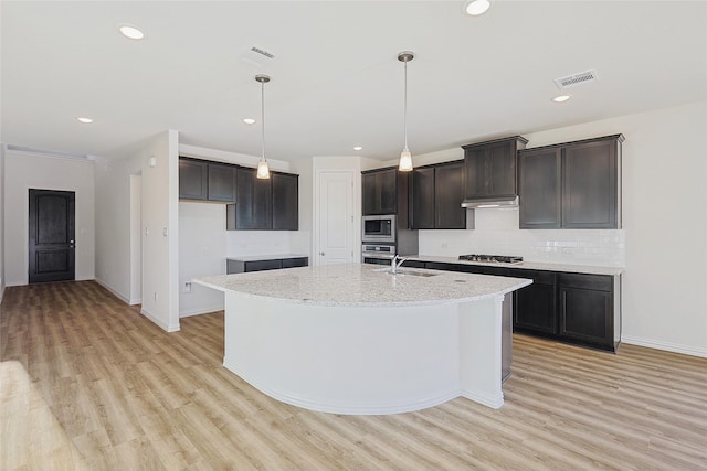 kitchen featuring decorative backsplash, light hardwood / wood-style flooring, an island with sink, and appliances with stainless steel finishes