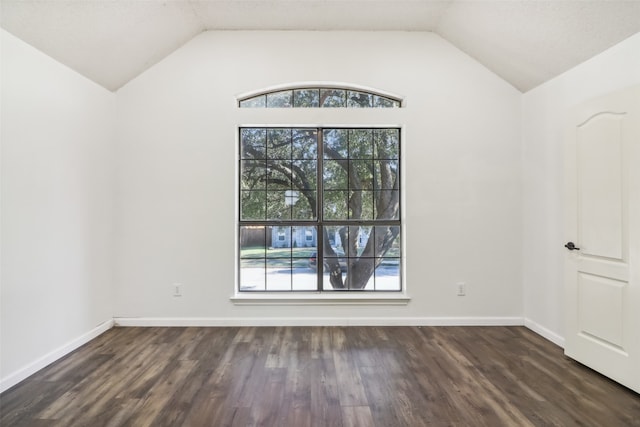 spare room with dark hardwood / wood-style floors, plenty of natural light, and lofted ceiling