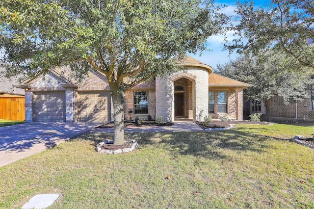 view of front of home with a garage and a front lawn