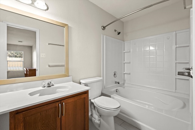 full bathroom with toilet, tile patterned floors, vanity, and bathing tub / shower combination