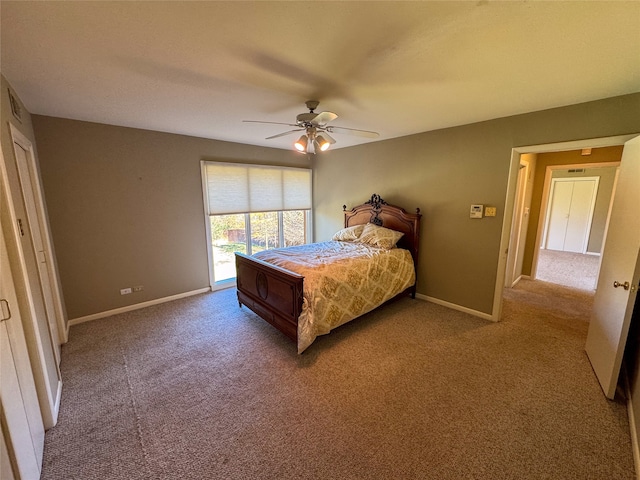 carpeted bedroom with ceiling fan and access to outside