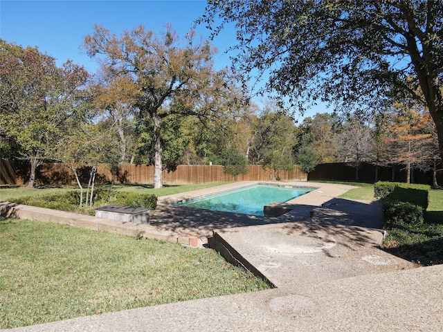 view of pool featuring a lawn and a patio area