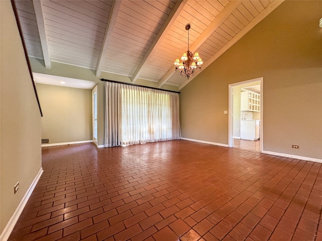 empty room with wood ceiling, beamed ceiling, high vaulted ceiling, and a chandelier