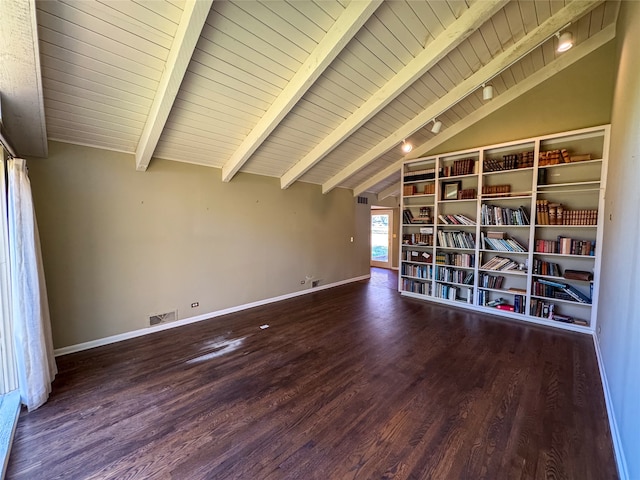 empty room featuring vaulted ceiling with beams, dark hardwood / wood-style flooring, and wood ceiling