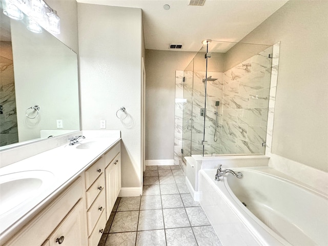 bathroom with tile patterned floors, vanity, and plus walk in shower