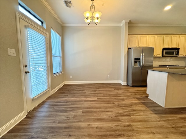 kitchen featuring a notable chandelier, a healthy amount of sunlight, stainless steel appliances, and dark wood-type flooring