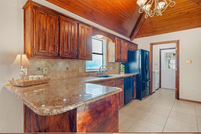 kitchen featuring light stone countertops, kitchen peninsula, sink, black appliances, and wooden ceiling