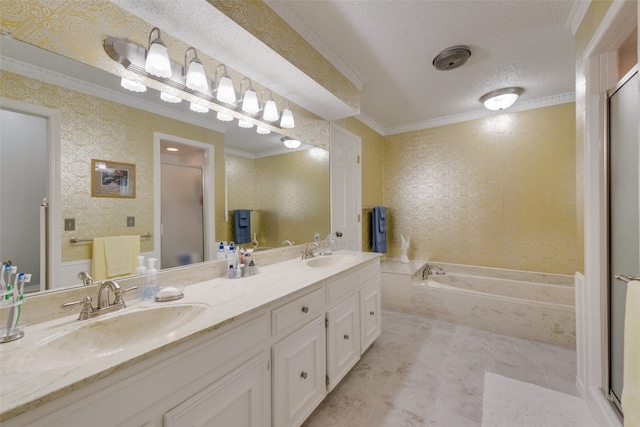 bathroom featuring vanity, a textured ceiling, plus walk in shower, and crown molding