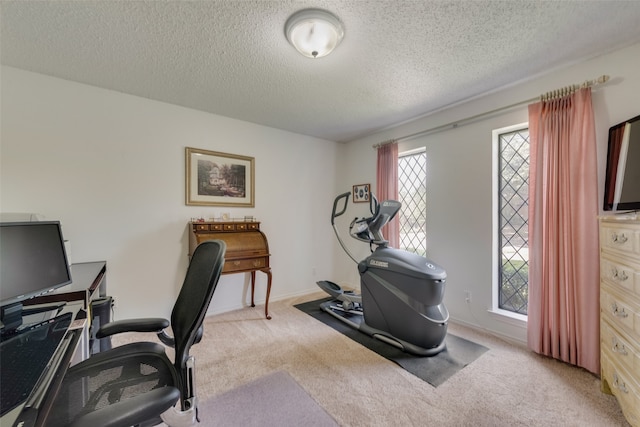 home office featuring a textured ceiling and light carpet