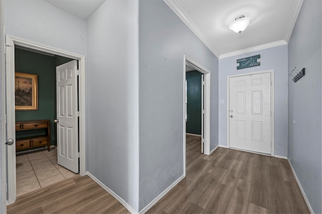 hallway with hardwood / wood-style floors and ornamental molding