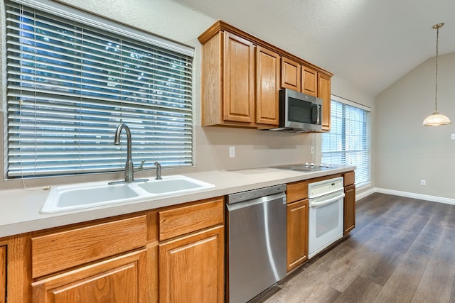 kitchen featuring dark hardwood / wood-style flooring, stainless steel appliances, vaulted ceiling, sink, and decorative light fixtures