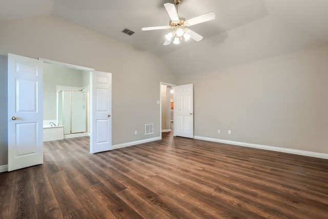 unfurnished bedroom featuring ceiling fan, dark hardwood / wood-style floors, and lofted ceiling