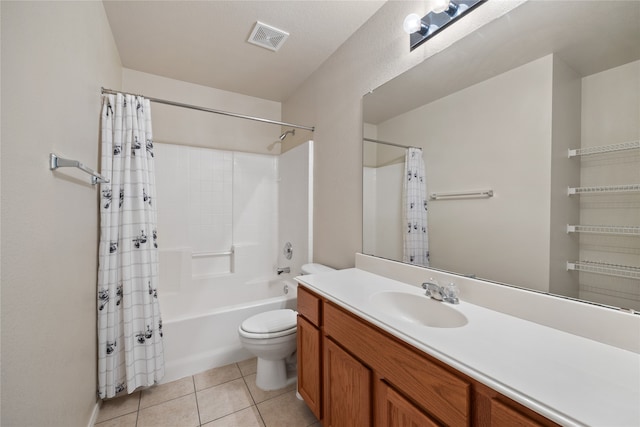 full bathroom with toilet, shower / bath combo, vanity, and tile patterned floors