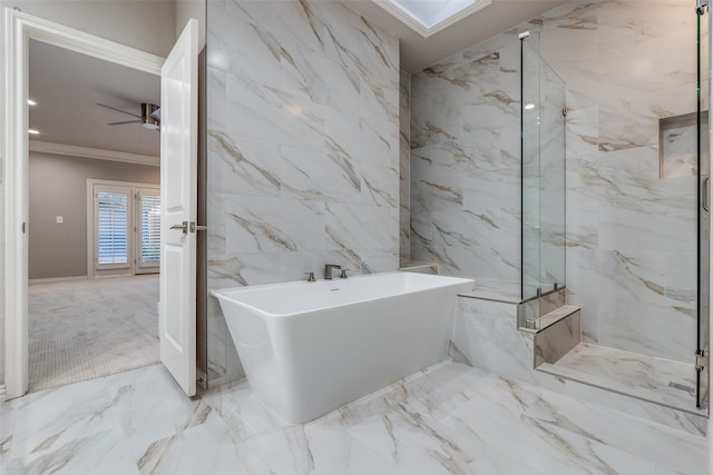 bathroom with independent shower and bath, ceiling fan, and ornamental molding