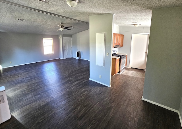 interior space featuring a textured ceiling, white range oven, ceiling fan, and dark wood-type flooring