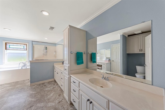 full bathroom featuring vanity, separate shower and tub, toilet, and ornamental molding