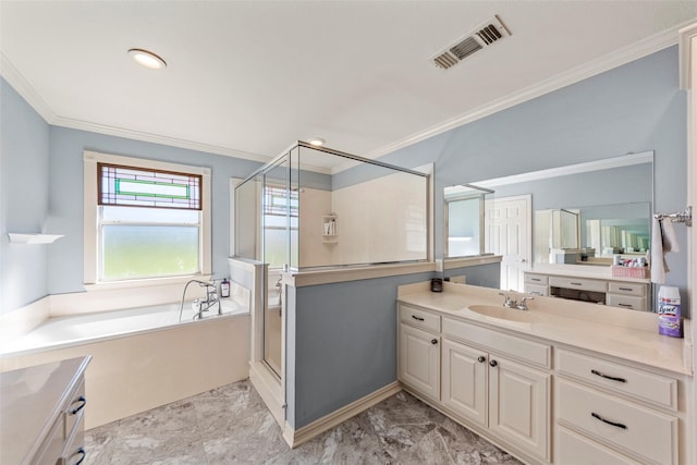 bathroom featuring vanity, ornamental molding, and shower with separate bathtub