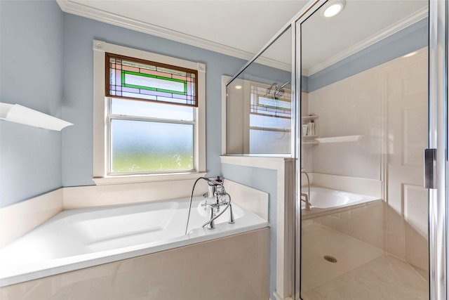 5795 Spillane St, Nevada, TX 75173 - bathroom featuring shower with separate bathtub and ornamental molding